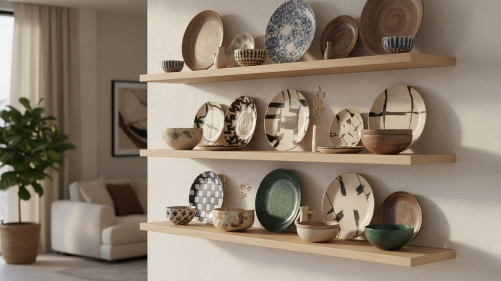 Floating Shelf Decor with Decorative Plates and Bowls for Stylish Walls