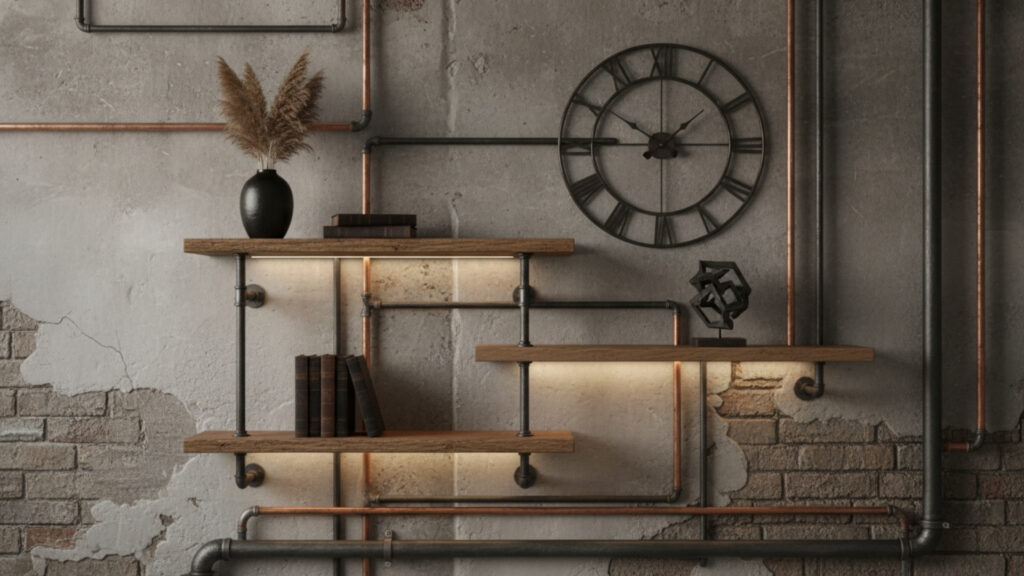 Floating Shelf Decor with Industrial Accents for Modern Edge