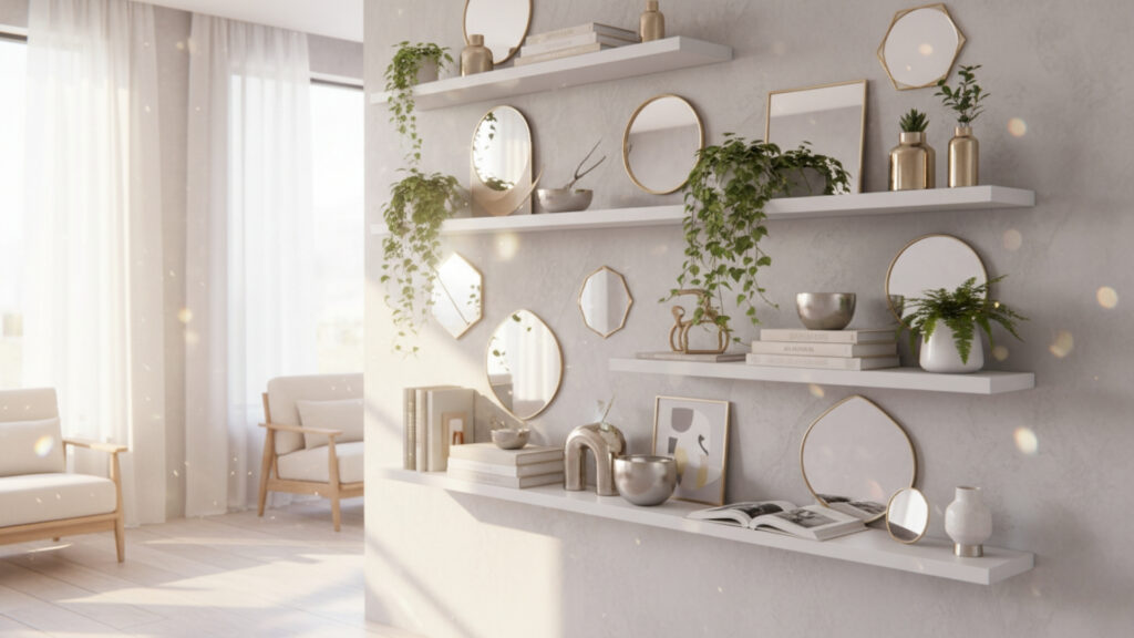 Floating Shelf Decor with Mirrors for Added Depth and Light