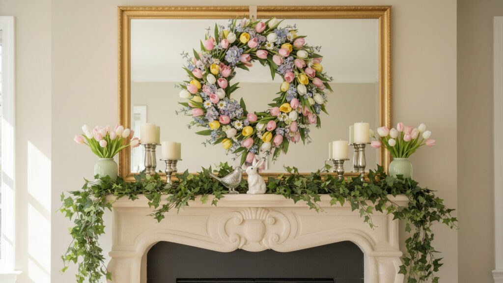 Floral Wreaths Draped Over the Mantel for Seasonal Charm