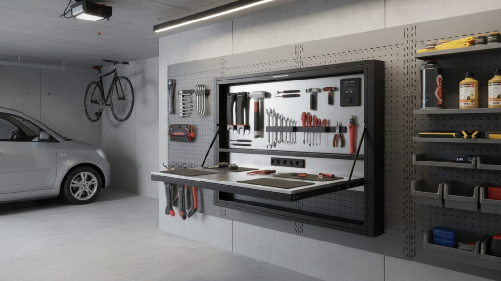 Foldable Workstations for Space Saving Garage Functionality