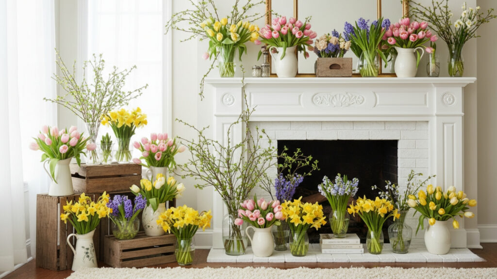 Fresh Flower Arrangements for a Lively Spring Mantel