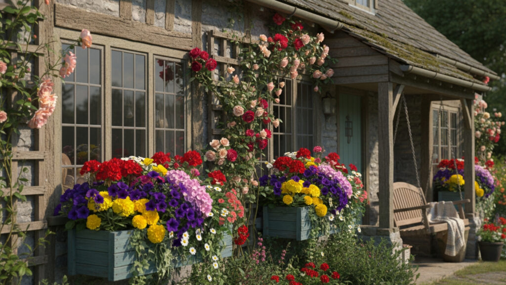 Front Porch Flower Box Decor for Colorful Natural Entrance Design