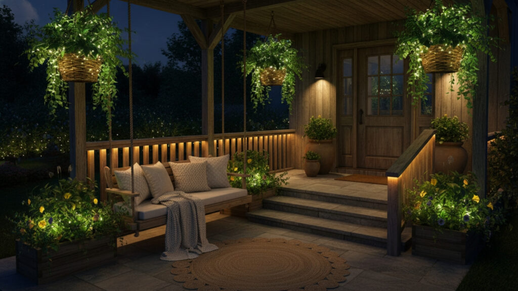 Front Porch Hanging Basket Light Ideas for Decorative Green Glow