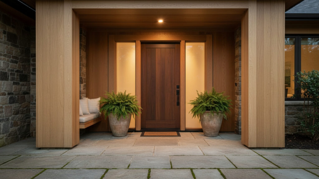 Front Porch Wooden Door Frame Decor for Natural Elegant Entry Look