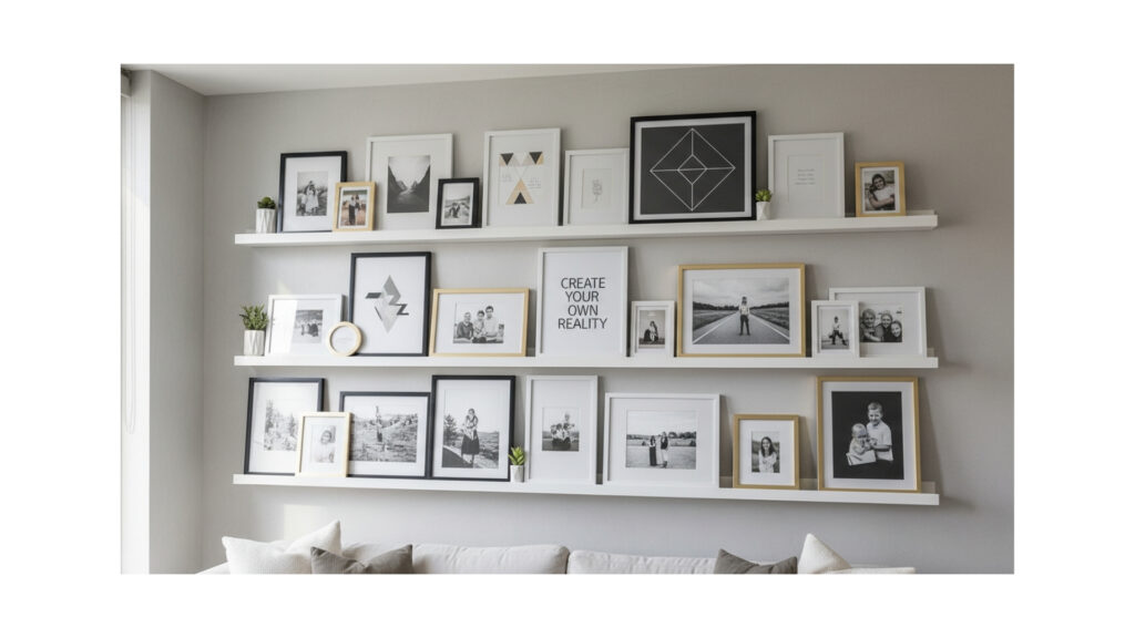 Gallery-Style Floating Shelf Decor with Art Prints and Frames