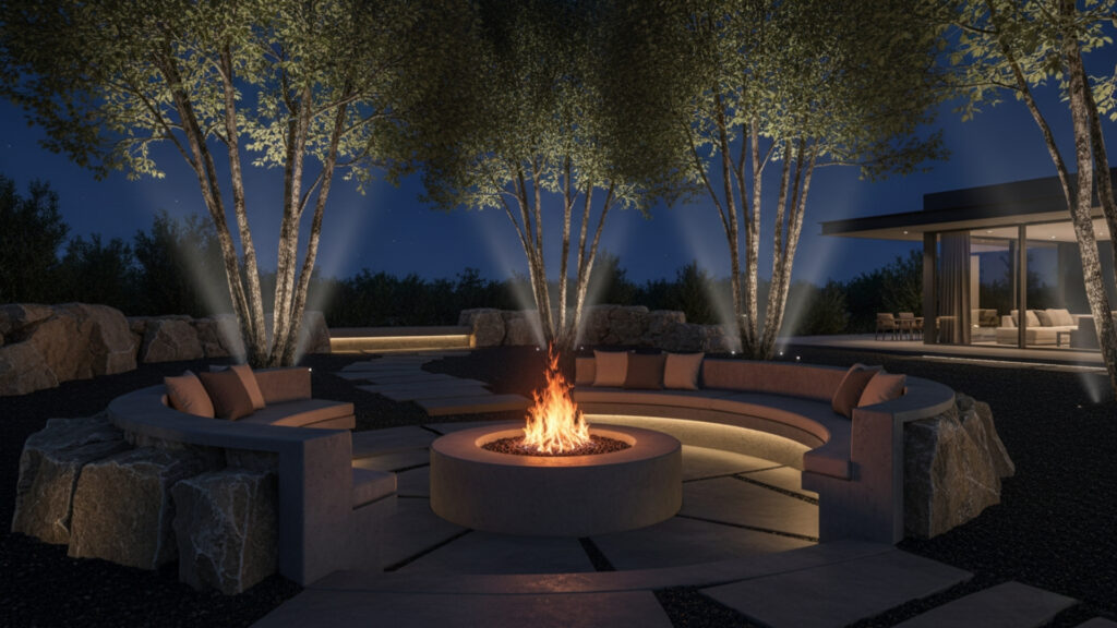 Ground Spotlights to Highlight Fire Pit Area and Surrounding Features