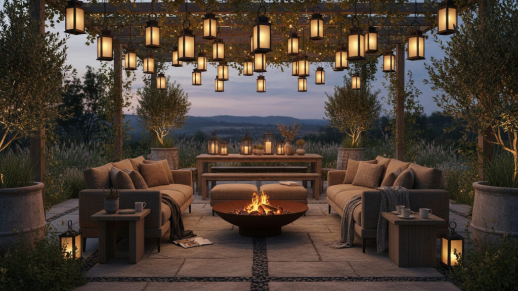 hanging lantern decor for elegant and warm patio lighting style