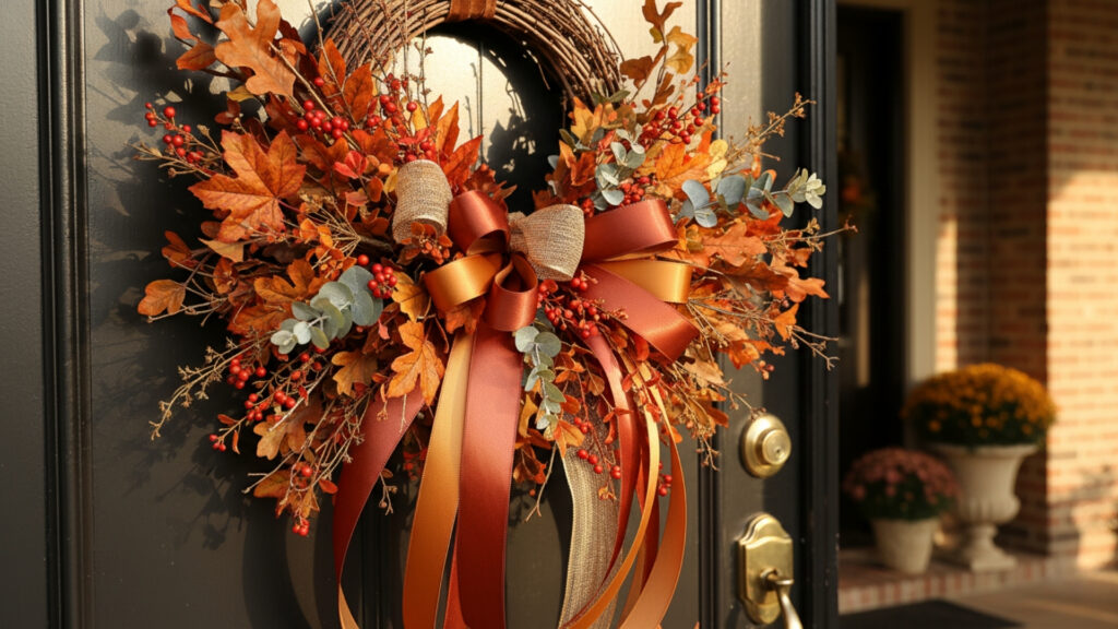 Layered Ribbon and Greenery Door Hangers for Natural Autumn Elegance