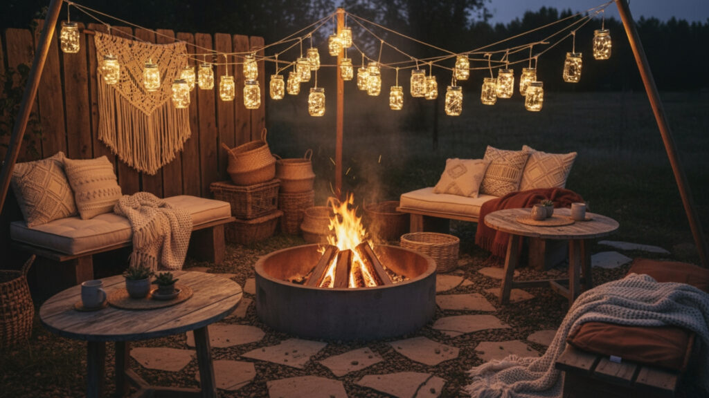 Mason Jar Lights for Rustic and Cozy Fire Pit Ambiance Style