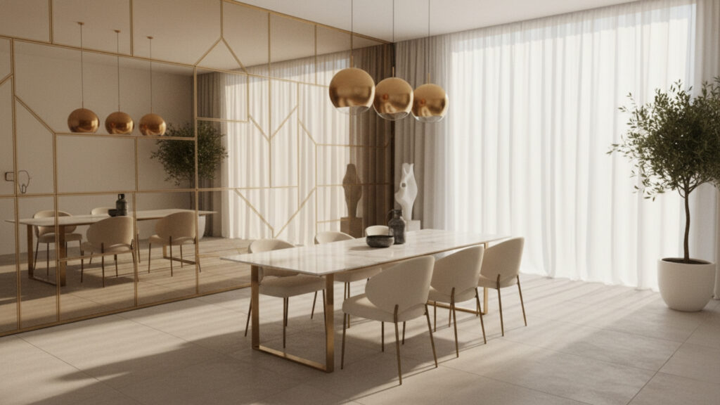 Mirror Decor for Spacious and Bright Modern Dining Room Effect