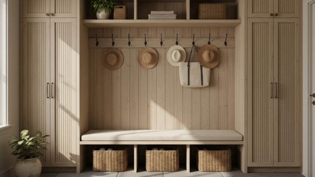 Mudroom Bench with Back Panel Ideas for Structured Entryway Style