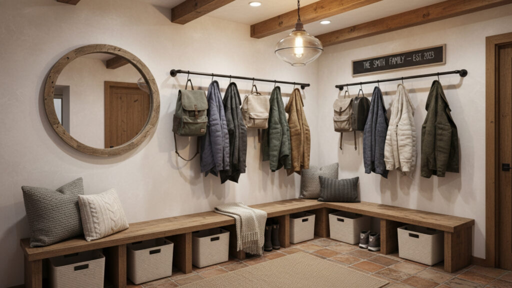 Mudroom Bench with Coat Rack Ideas for Complete Family Storage