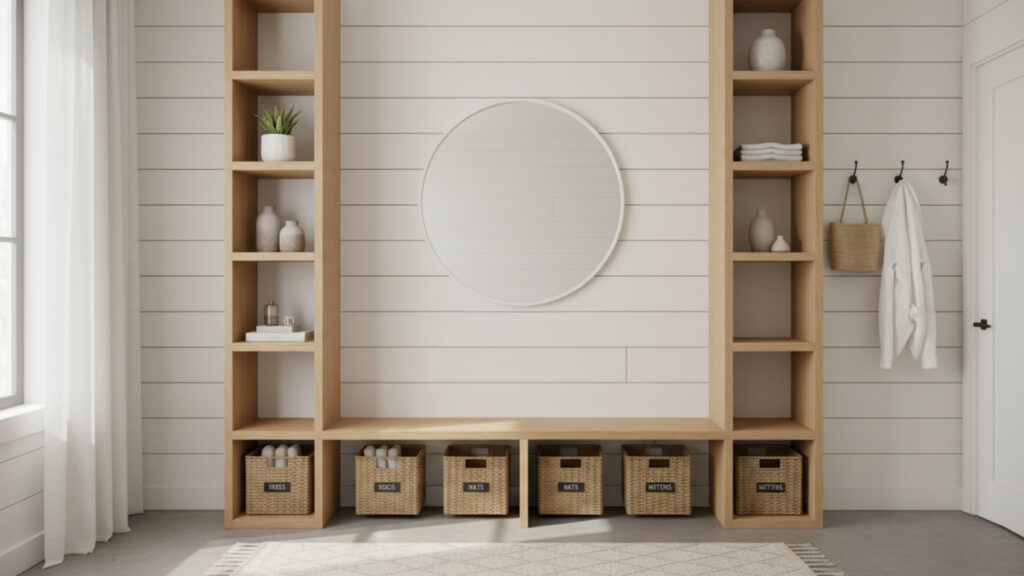 Mudroom Bench with Upper Shelving Ideas for Vertical Storage Efficiency
