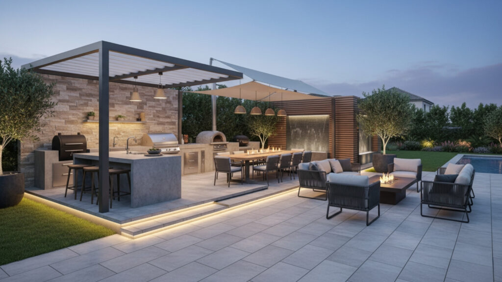 Multi-Zone Outdoor Kitchen Layout for Cooking, Dining, and Relaxing