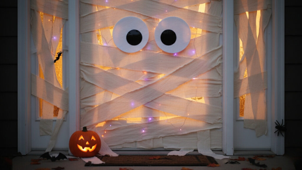 Mummy Wrapped Door Idea for Fun Halloween Decoration
