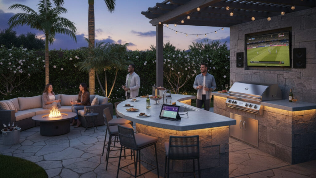 Outdoor Kitchen Entertainment Setup with TV and Sound System