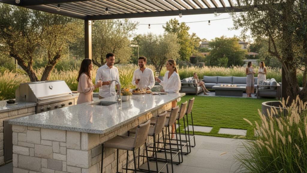 Outdoor Kitchen Island Setup for Extra Counter and Dining Space