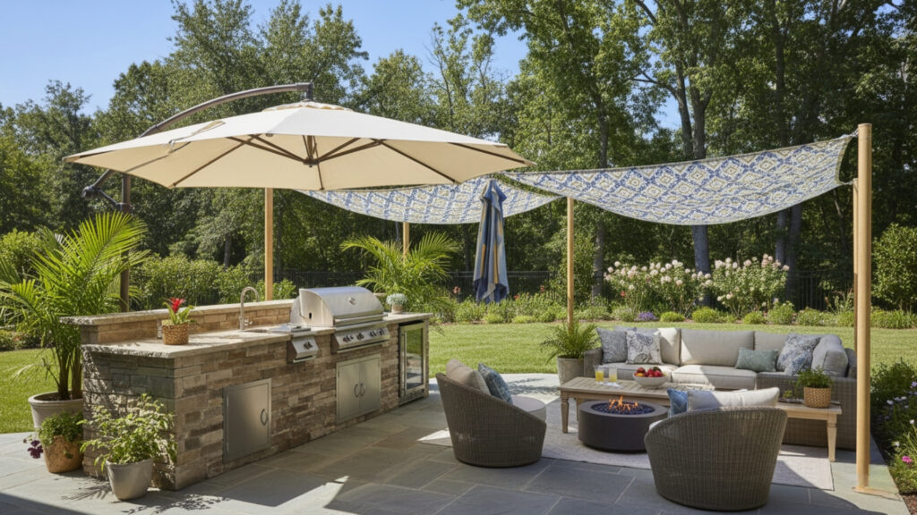 Outdoor Kitchen Shade Solutions with Umbrellas and Canopies Style