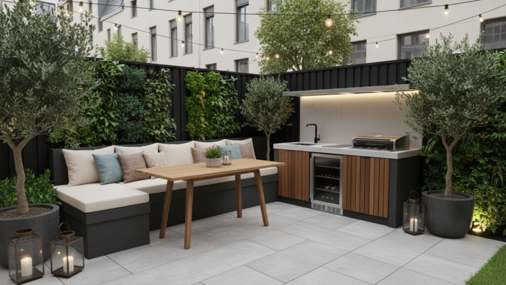 Outdoor Kitchen with Built-In Seating for Space Saving Design