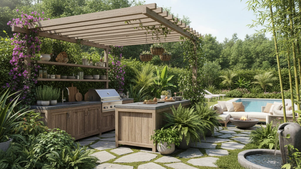 Outdoor Kitchen with Greenery and Plants for Natural Aesthetic