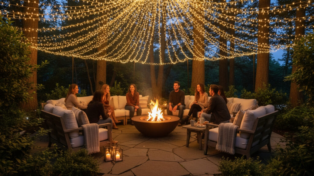 Overhead String Canopy Lights for Magical and Cozy Fire Pit Area