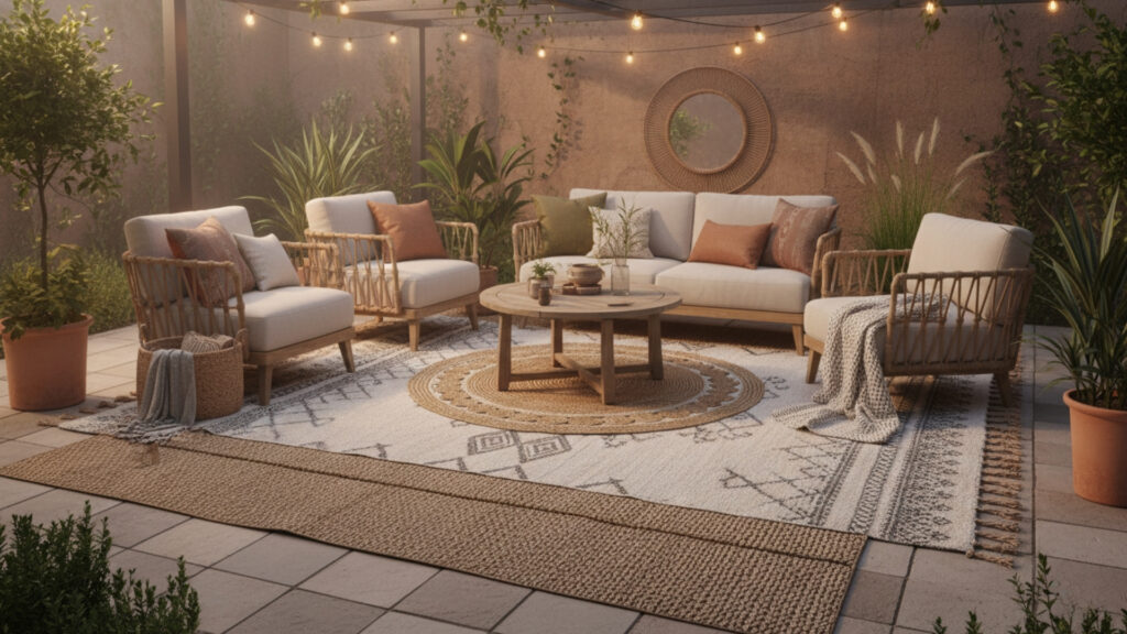 patio outdoor rug layering ideas for cozy and defined seating zones