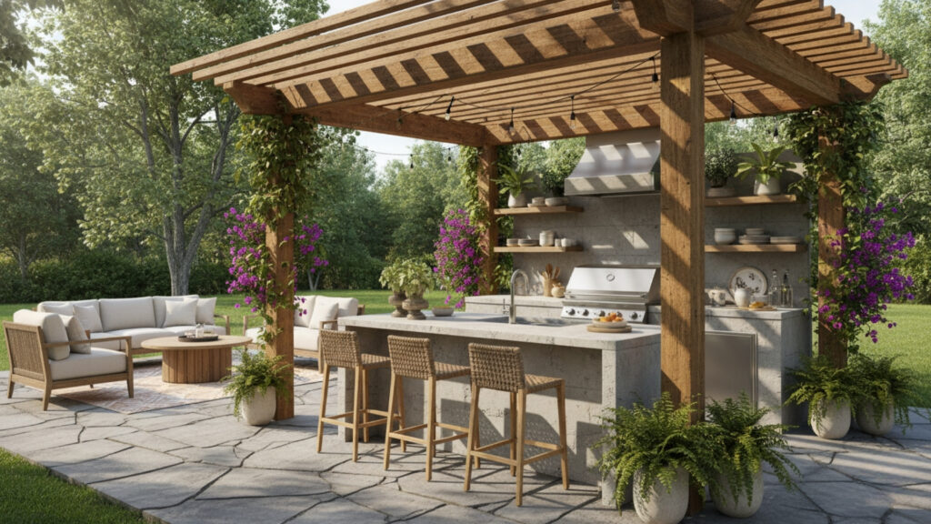 Pergola Covered Outdoor Kitchen for Shade and Stylish Design