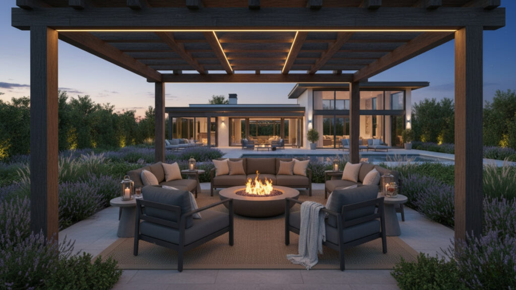 Pergola Integrated Lighting for Structured and Cozy Fire Pit Space