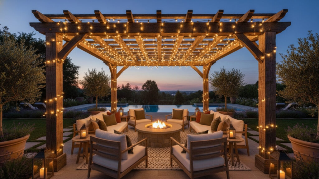 Pergola String Lights Design for a Relaxing Outdoor Lounge Feel