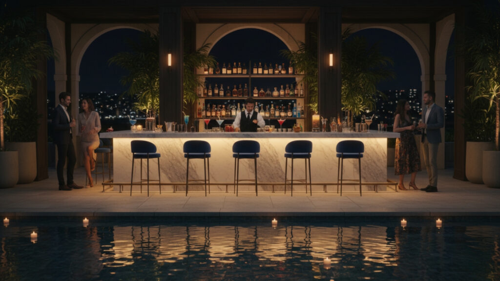 Poolside Bar Counter Decor for Luxury Social Gathering Setup