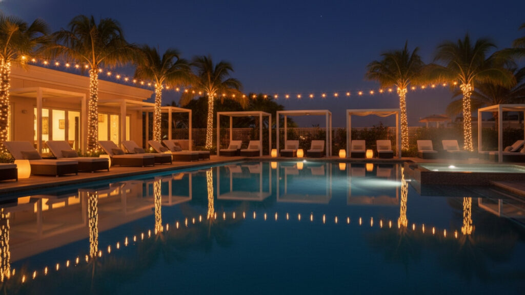 Poolside String Lights Setup for a Luxurious and Relaxing Vibe