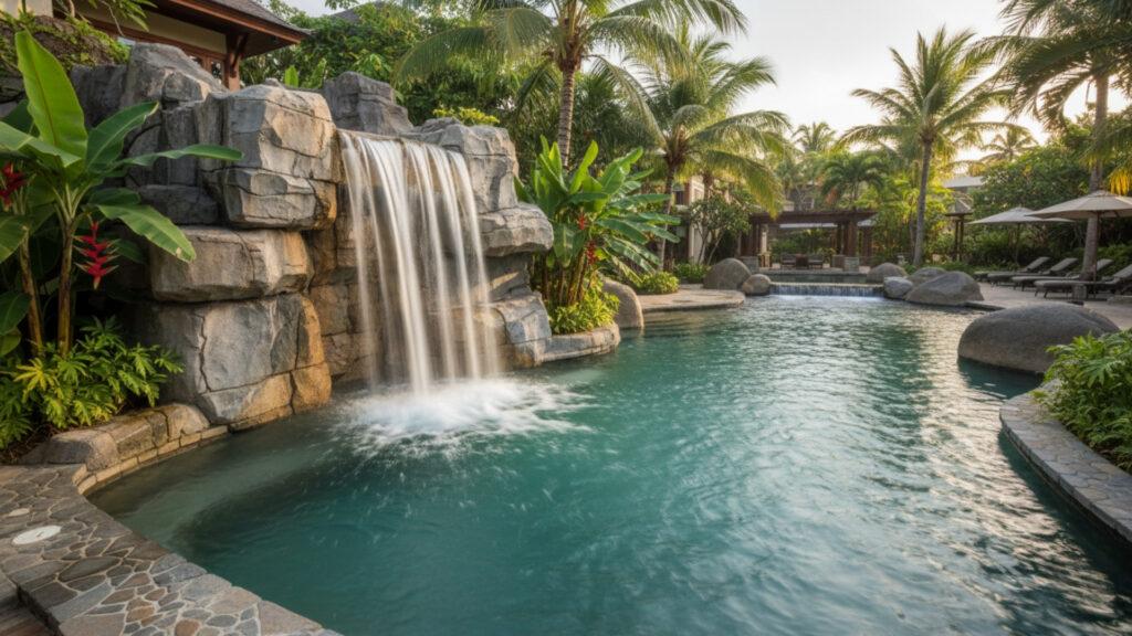 Poolside Waterfall Feature Decor for Natural Flowing Luxury Look