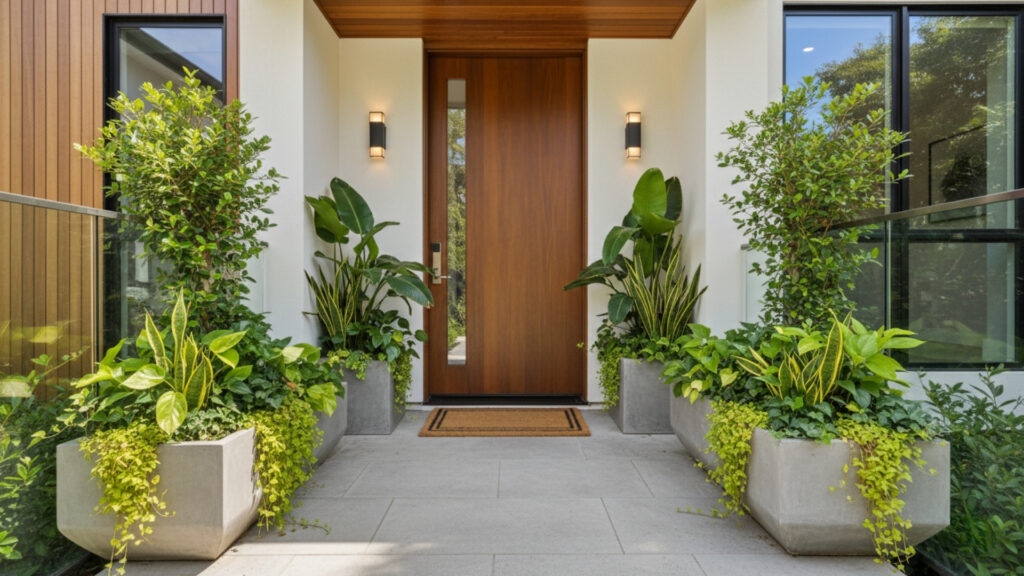 Porch Planter Decor with Green Plants for Natural Fresh Entrance Look
