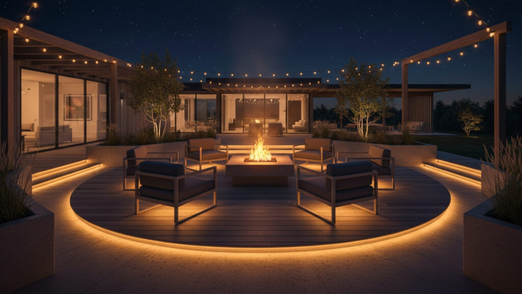 Rope Lights Around Fire Pit Edge for Defined and Stylish Glow