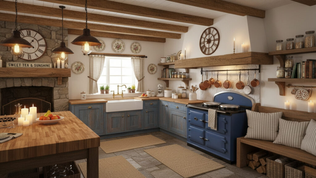 Rustic Blue Kitchen Cabinets Ideas for Warm Farmhouse Character