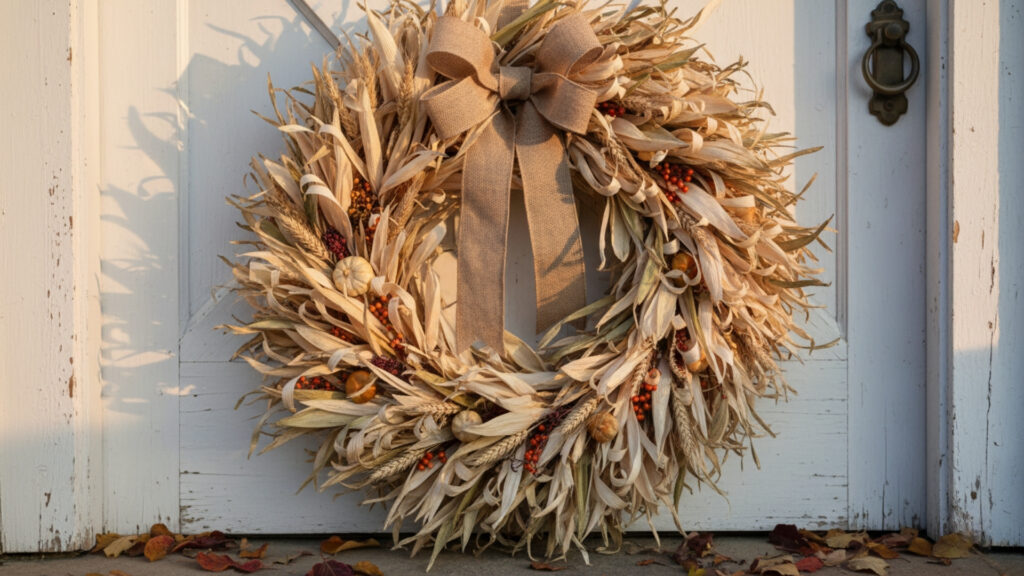 Rustic Corn Husk Fall Wreath Ideas for Farmhouse Decor