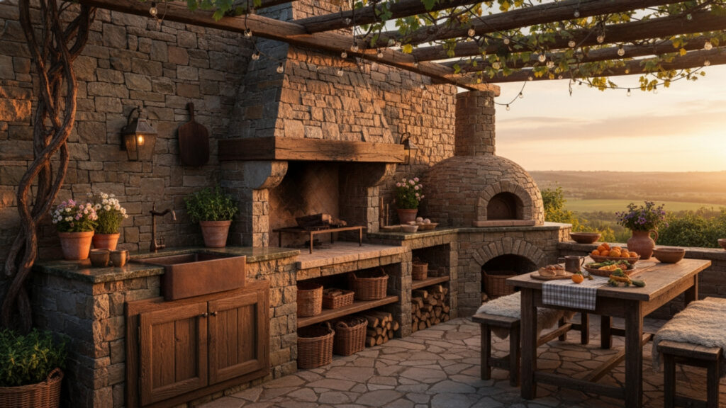 Rustic Outdoor Kitchen Design Using Natural Stone and Wood
