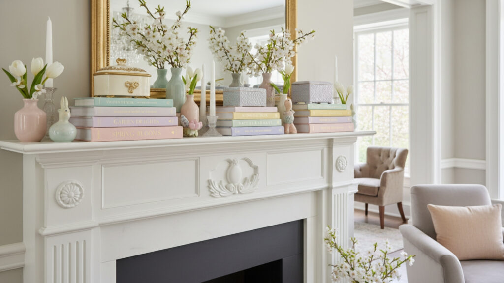 Seasonal Books and Stacked Decor for Height Variation