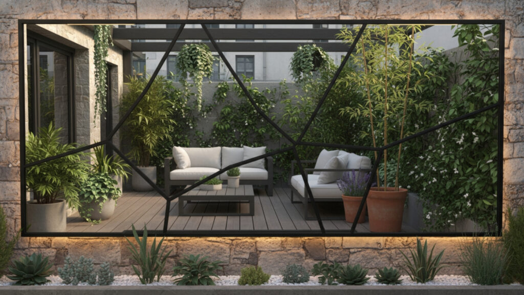 Small Backyard Mirror Decor for Illusion of Larger Space Effect