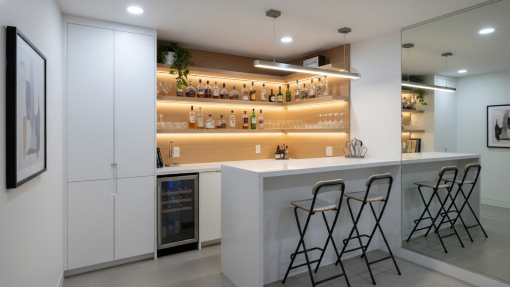 small basement bar ideas for compact and space saving setup