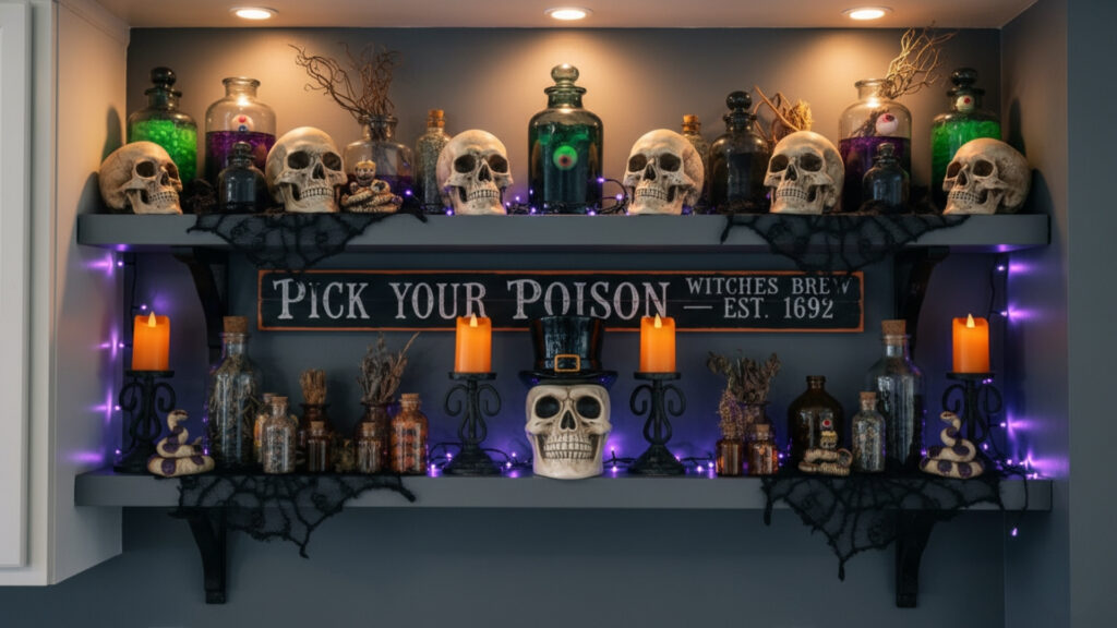 Spooky Kitchen Shelf Styling with Halloween-Themed Decor Accents