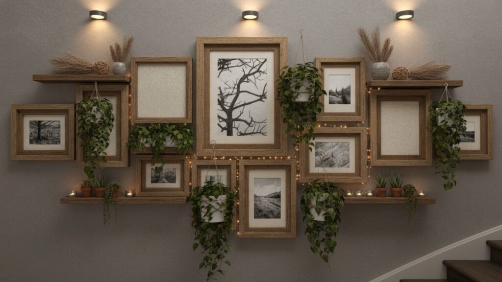 staircase wall layered decor ideas for complete and balanced design