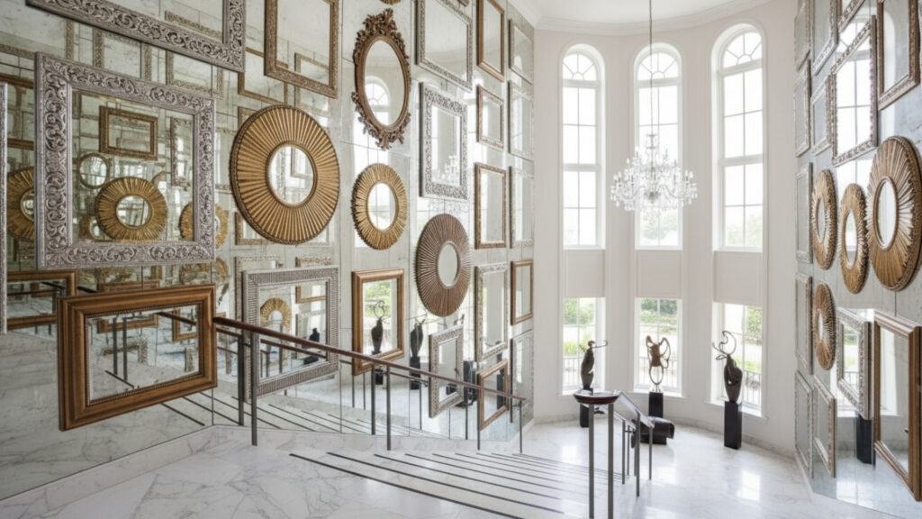 staircase wall mirror decor ideas for spacious and bright effect
