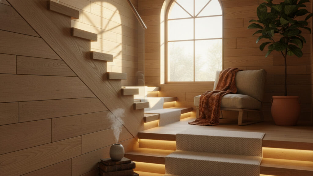 staircase wall wooden panel decor for warm and natural interior feel