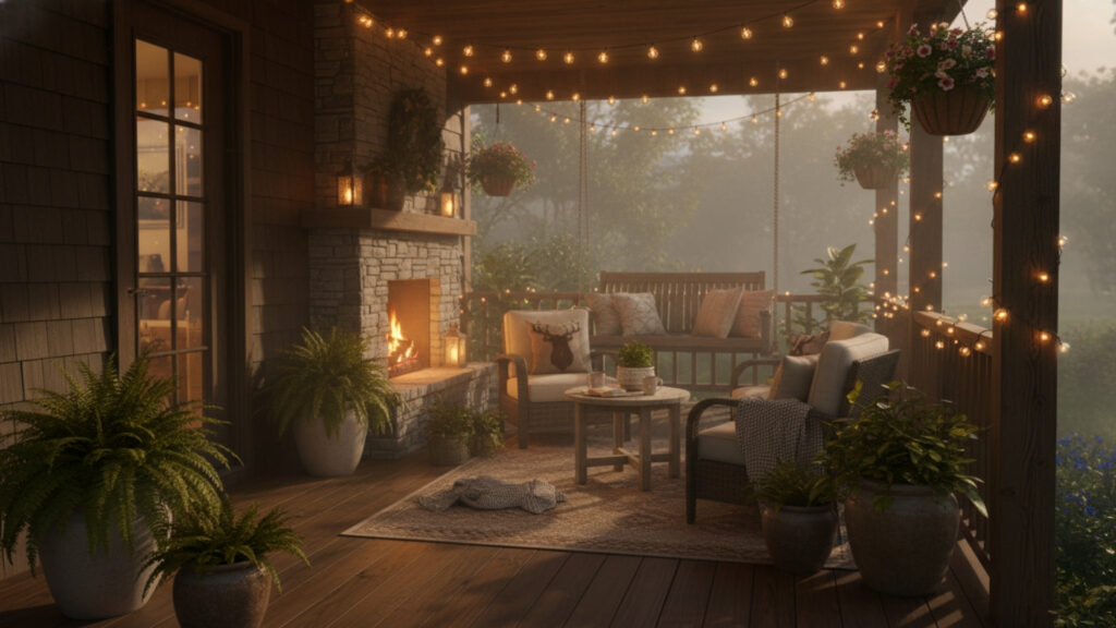 String Front Porch Lighting Ideas for Warm and Cozy Ambiance Effect