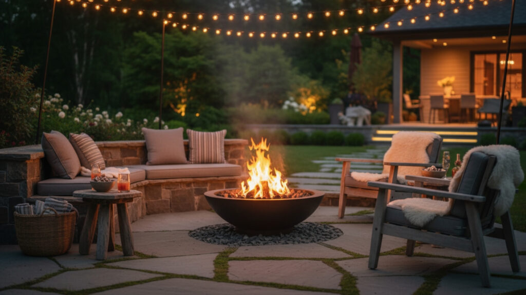 String Lights Around Fire Pit Area for Warm and Ambient Glow
