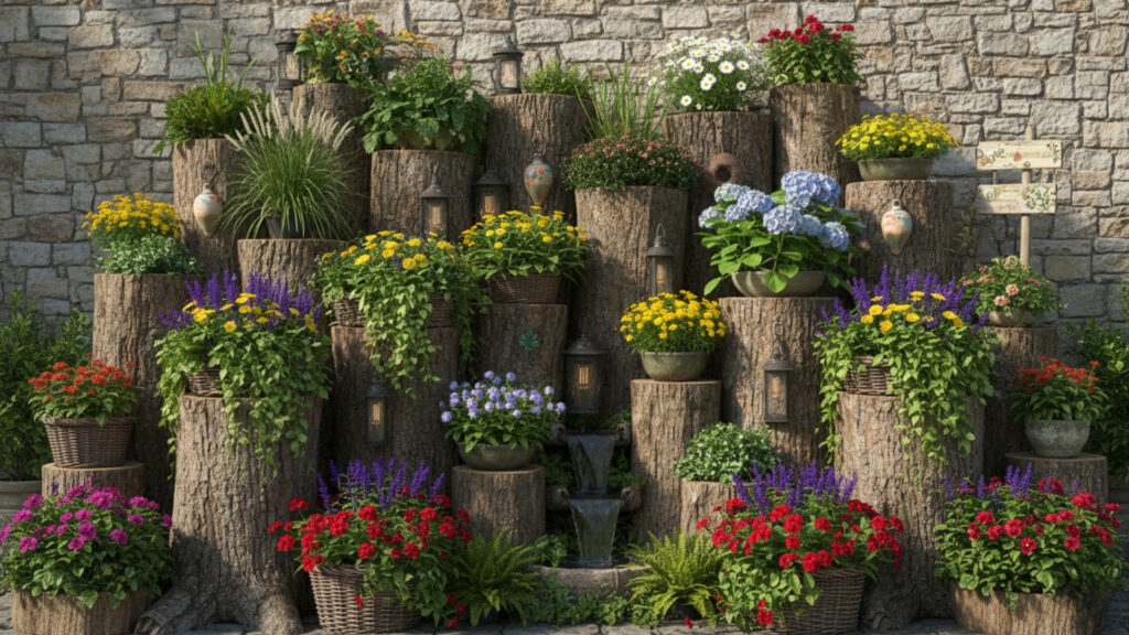 Tiered Stump Arrangements for Vertical Garden Displays