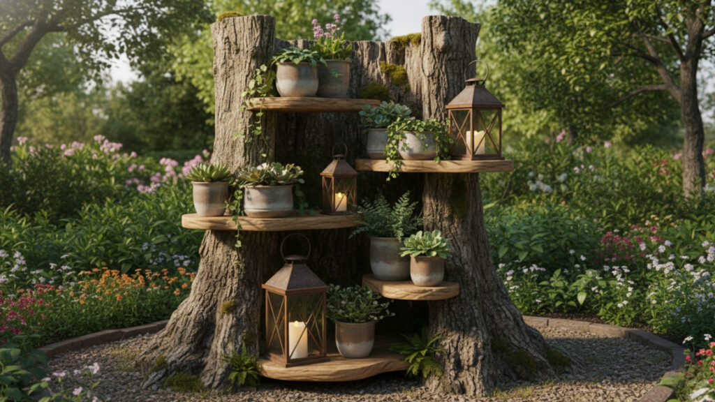 Vertical Stump Shelving for Unique Garden Storage