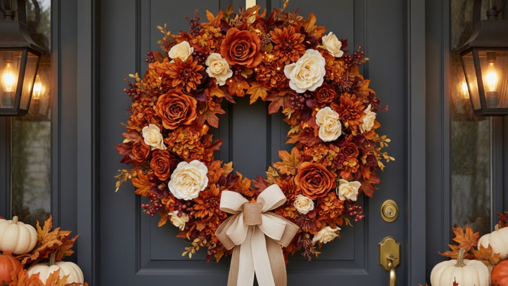 Warm Tone Floral Fall Wreath Ideas for Elegant Decor